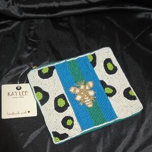 Kay Lee New York Beaded Bee Leopard Print Coin Purse Teal Blue CLP9058 IV NEW